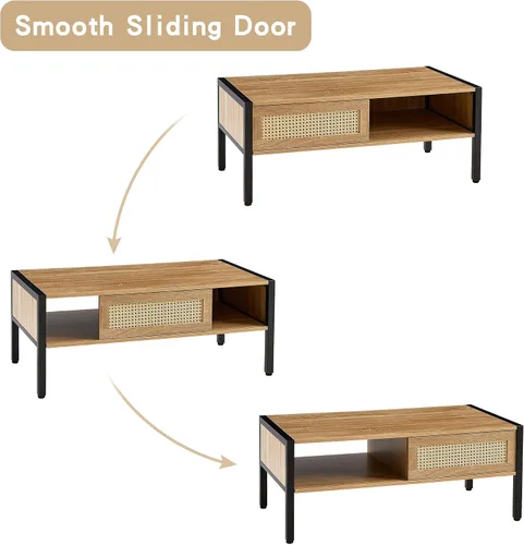 Vista 4 de Mesa de centro moderna de mediados de siglo con almacenamiento, mesa rectangular de madera de 40.16 pulgadas con panel de puerta deslizante de ratán