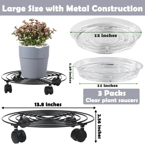 Vista 3 de Paquete de 3 organizadores grandes de metal para plantas con ruedas de 13.8 pulgadas, soporte rodante resistente con ruedas para macetas