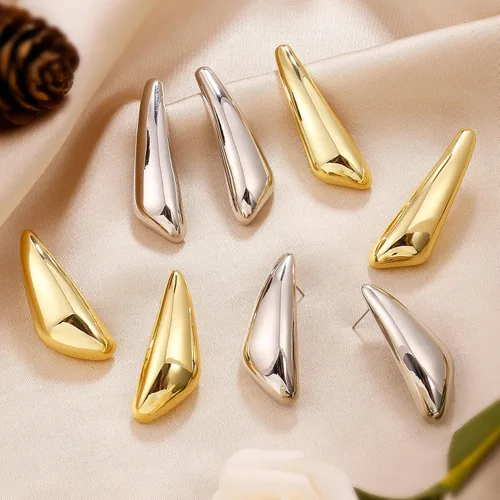 Vista 7 de Aretes colgantes gruesos de oro para mujer, chapados en oro, grandes, minimalistas, geométricos, largos, triangulares, exagerados, para mujer, a