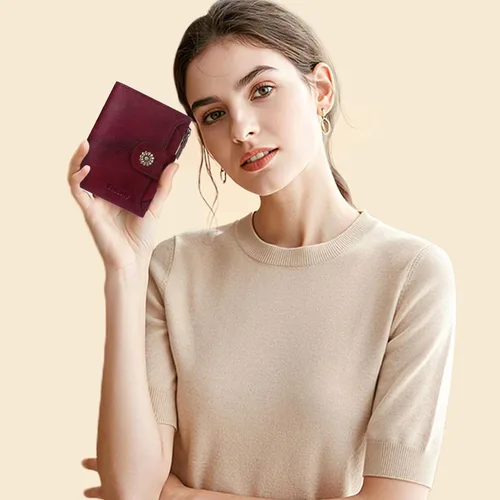 Vista 2 de Cartera de cuero con doble pliegue para mujer, bloqueo RFID, tarjetero compacto, cartera pequeña con ventana para identificación extraíble, A6-rojo