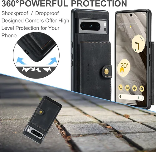 Vista 3 de Funda para Google Pixel 8 Pro 2023, cartera magnética desmontable con ranura para efectivo, soporte de carga inalámbrica con función de soporte Negro