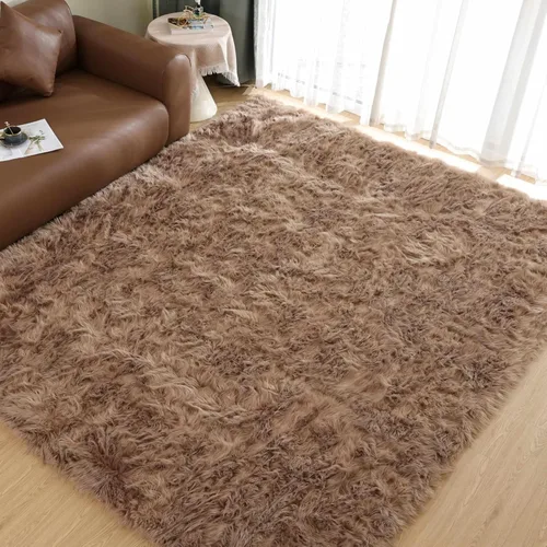 Vista 45 de Goolela Alfombra esponjosa de piel sintética para dormitorio, color marrón claro beige, 2 x 3 pies, alfombra de piel de oveja peluda y difusa