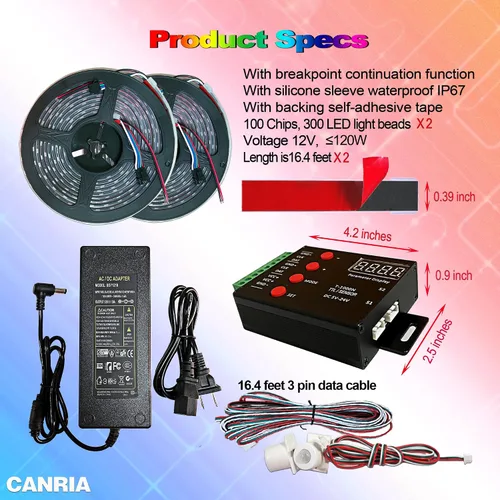 Vista 4 de Luz de escalera de color con sensor bidireccional de agua que fluye, sensor de movimiento, controlador LED, tira de luz flexible de 12 V, 16.4 pies