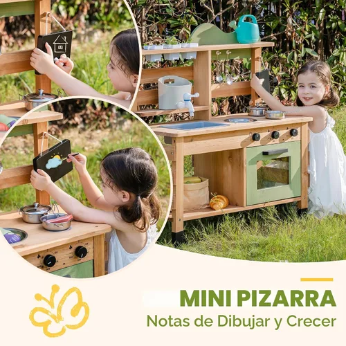 Vista 6 de ROBUD Cocina de barro para niños al aire libre, cocina de barro de madera para niños con fregadero extraíble, taza de plantación, horno, pizarra