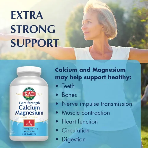 Vista 4 de KAL Suplemento de calcio y magnesio extra fuerte para mujeres y hombres, con calcio de 1000 mg y magnesio 500 mg, soporta huesos saludables