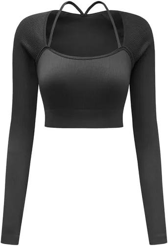Vista 6 de Dokotoo Camiseta sin mangas para mujer, 2 piezas, acanalada, sin costuras, cuello cuadrado, manga larga, cuello halter, ajustada, camiseta de yoga