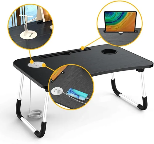Vista 2 de Elekin - Mesa de cama plegable para computadora portátil, con cajón de almacenamiento/soporte para tazas, escritorio plegable multifunción