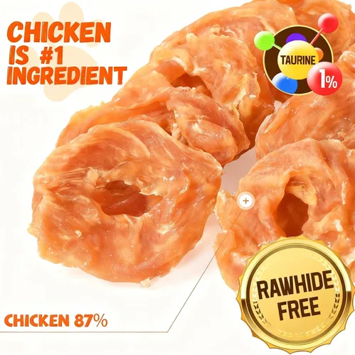 Vista 2 de Golosinas para perros Pawmate, anillos de pollo deshidratados, sin pellejo crudo, sin granos, pechos de pollo naturales reales, golosinas