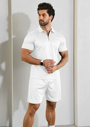 Vista 4 de YTD Conjunto de camisa polo y pantalones cortos de manga corta para hombre, conjunto de dos piezas de verano con cremallera, conjunto deportivo