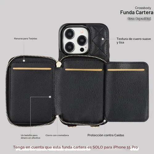 Vista 7 de Bocasal Funda tipo cartera con bandolera para iPhone 15 Pro, cartera de mano de piel sintética con cremallera y bloqueo RFID, funda tipo cartera