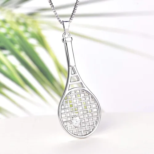 Vista 4 de YL Collar con colgante de raqueta de tenis de plata de ley 925 con piedras preciosas de amor, joyería deportiva para mujeres y hombres
