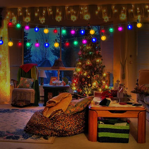 Vista 7 de Paquete de 25 bombillas LED multicolor G40 de repuesto para Navidad, 1 vatio, base de candelabro E12/C7, bombillas LED globo Edison de plástico