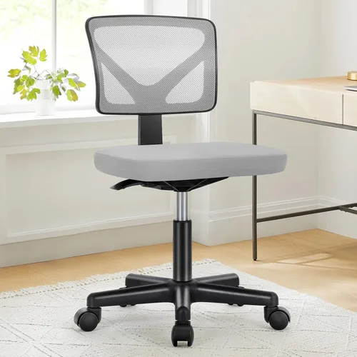 Vista 14 de DUMOS Sillas de oficina pequeñas con ruedas, ergonómicas ajustables para escritorio en casa, silla giratoria con ruedas, sin brazos, cómoda malla