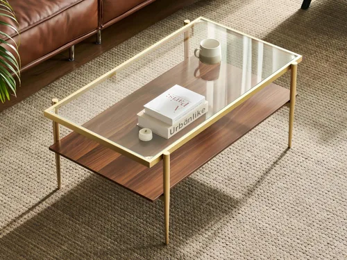 Vista 16 de Shrine - Mesa de café rectangular, diseño moderno de mediados de siglo, estructura de 2 niveles, parte superior de vidrio ámbar y estante de MDF