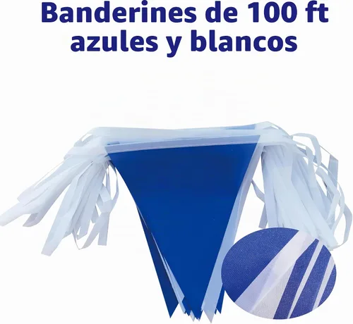 Vista 2 de Banderín triangular de 100 pies, color azul y blanco, 60 unidades Blue white triangle bunting for birthday, wedding, garden, outdoor hanging.