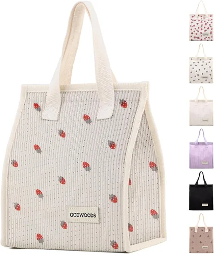 Vista 10 de TELLUMO Bolsa de almuerzo de corduroy para mujeres y hombres, linda bolsa de almuerzo con aislamiento y gran capacidad (7.5L), bolsa de almuerzo