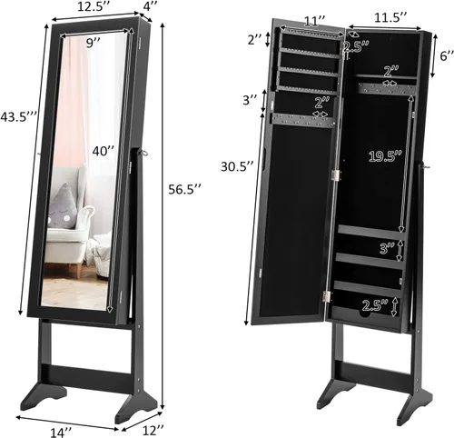 Vista 3 de GOFLAME Gabinete de joyería, organizador de joyas con puerta de espejo de longitud completa, gabinete de espejo de maquillaje de pie, organizador