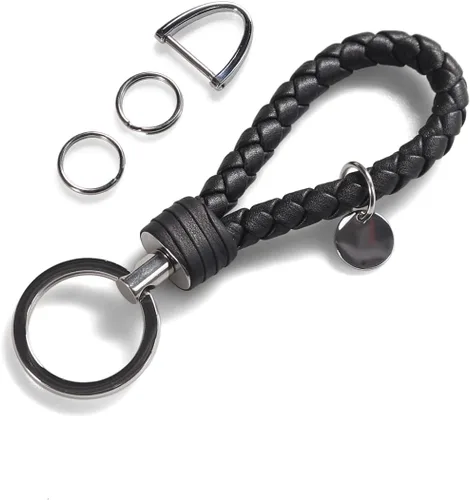 Vista 7 de BHEGVEN Llavero de cuero genuino para hombres y mujeres, llaveros de acero inoxidable, con caja de regalo