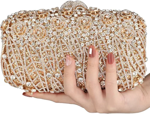 Vista 6 de MOSSMON Crystal Clutch - Bolso de noche de lujo con diamantes de imitación para mujer Oro