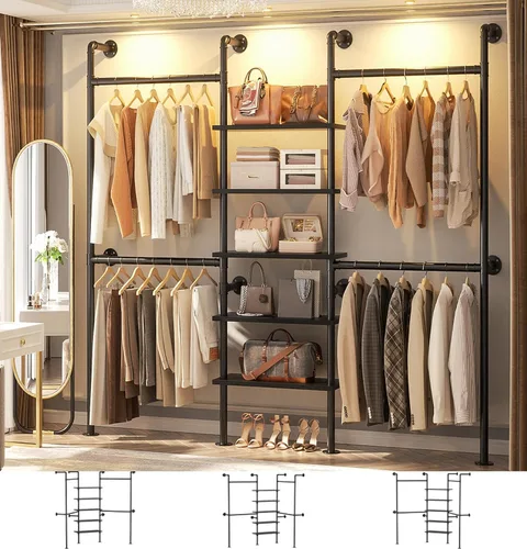 Vista 2 de Aheaplus Perchero industrial de tubo, perchero reversible de 6.42 pies para colgar ropa, resistente de 5 niveles para armario, perchero con Negro
