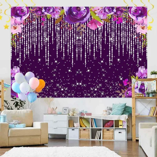 Vista 3 de Telón de fondo morado con purpurina de 7 x 5 pies, telón de fondo de acuarela con diamantes plateados brillantes, decoración de fiesta de té Bokeh