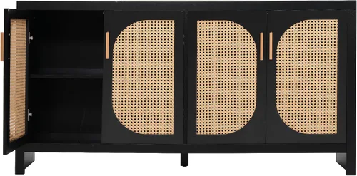 Vista 4 de Linique Moderno soporte de TV para TV de 65 pulgadas con puertas de ratán de polietileno y estantes ajustables, armario de almacenamiento