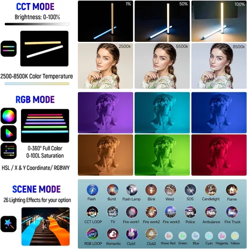 Vista 8 de VILTROX Paquete de 2 varitas de luz RGB grandes K60 con 2 mini trípode para fotografía