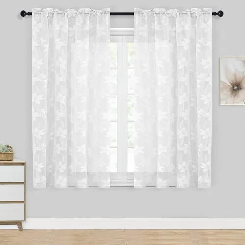 Vista 8 de DWCN Paquete de 2 cortinas traslúcidas pequeñas de encaje floral beige para cocina, cortinas traslúcidas ligeras con bolsillo para barra, cortinas
