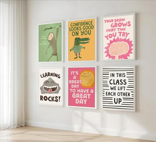 Vista 4 de 9 piezas de arte de pared con citas inspiradoras coloridas motivacionales positivas para el aula, imágenes de mentalidad de crecimiento, profesor