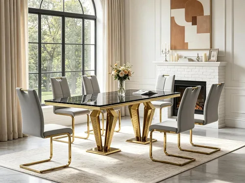 Vista 70 de 5 Piece Black Marble Dining Table Set for 4, Modern Faux Marble Kitchen Dining Room Tables with 4 Leather Chairs Set, 68.11" Luxury Rectangular
