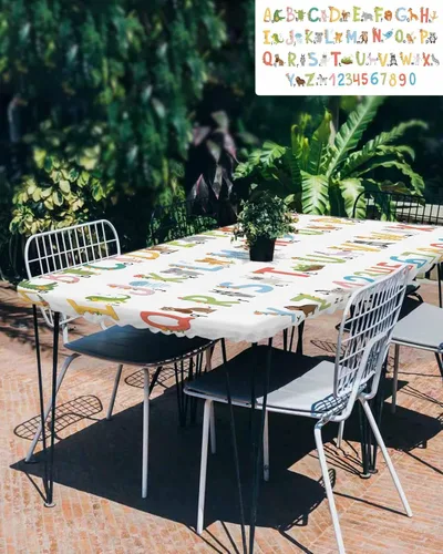 Vista 2 de Mantel ajustable con letras para mesas de 3 pies, impermeable, lavable, elástico, para picnic al aire libre, camping, comedor, fiesta, colorido