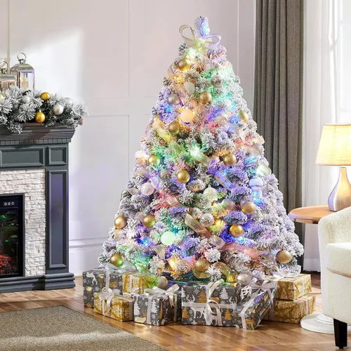 Vista 2 de Yaheetech Árbol de Navidad artificial de abeto preiluminado de 4.5 pies, flocado con nieve, con bisagras, con 100 luces LED multicolor y 340 puntas