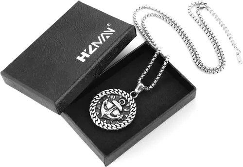 Vista 6 de HZMAN Collar de ancla náutica vikingo nórdico para hombres y niños, de acero inoxidable, brújula y timón, regalo de joyería, Acero inoxidable, No es