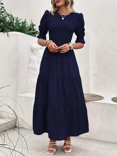 Vista 82 de BTFBM Vestidos para mujer, cuello redondo, casual, de verano, con volantes, manga corta, bohemio, con niveles, fruncido, largo, con estampado floral