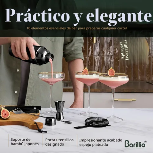 Vista 5 de Barillio Black Bartender Kit – Juego de coctelera de acero inoxidable con soporte de bambú – Herramientas de barra de mixología con coctelera