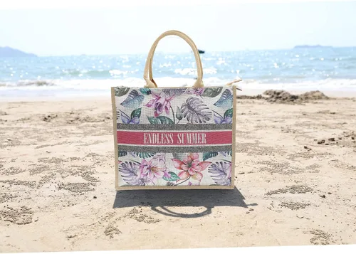 Vista 4 de JNF Bolsa de playa de yute para mujer, bolsa de arpillera con cremallera, reutilizable, con asa