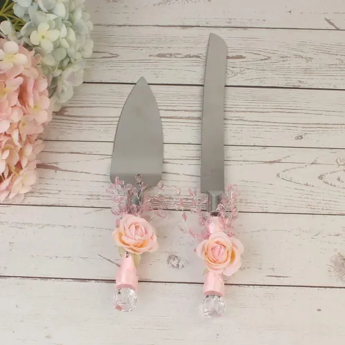 Vista 2 de Juego de 2 piezas de pala para tartas serie rosa, accesorio para sitios de boda, cuchillo de pan, suministros de boda occidental, acero inoxidable