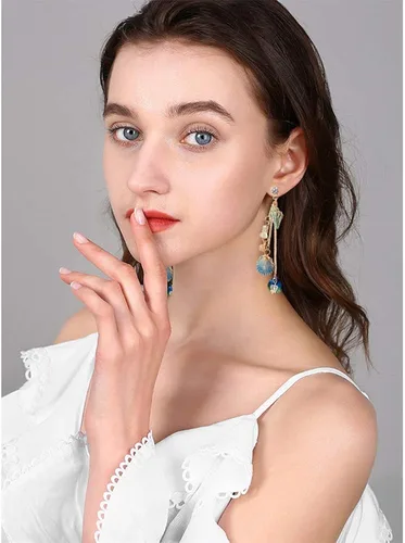 Vista 5 de Damleng - Pendientes largos con borla y concha de océano brillantes para mujer y niña