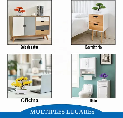 Vista 5 de Mini plantas de bonsái artificiales con macetas de cemento de plástico para la decoración del hogar y la oficina (verde)