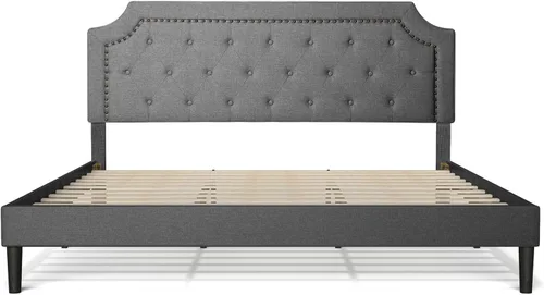 Vista 4 de BONSOIR Base de cama tapizada de color gris de tamaño matrimonial, con plataforma tradicional tapizada de perfil bajo con cabecera copetuda