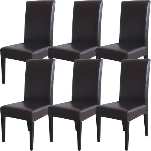 Vista 13 de Qubjus Fundas para sillas de comedor, de piel sintética sólida, impermeable, a prueba de aceite, elásticas, fundas protectoras para sillas de Negro