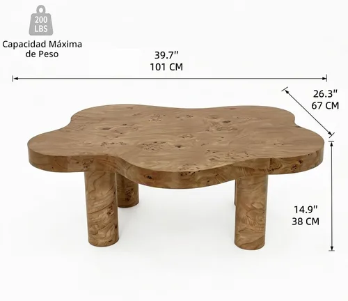 Vista 2 de WILLIAMSPACE Mesa de centro de nube de 39.7 pulgadas con chapa de madera Burl y 4 patas redondas, moderna mesa central de madera con patrón de nudo