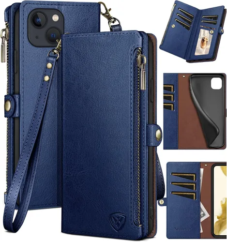 Vista 14 de XcaseBar Funda tipo cartera para iPhone 14 Plus de 6.7 pulgadas con cremallera y tarjetero de crédito [bloqueo RFID], funda de piel sintética