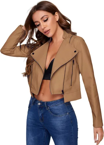 Vista 4 de SheIn Chaqueta corta casual de piel sintética con cremallera frontal para mujer