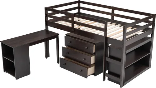 Vista 6 de Harper & Bright Designs Twin Low Loft Bed with Storage Cabinet and Rolling Portable Desk, Kids Twin Loft Bed with Bookshelf & Safety Guardrail and