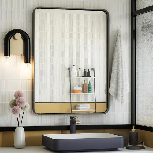 Vista 22 de ISKM Espejo con marco negro para pared de 20 x 16 pulgadas, espejo de tocador de baño antioxidante, vidrio templado, espejo rectangular redondeado