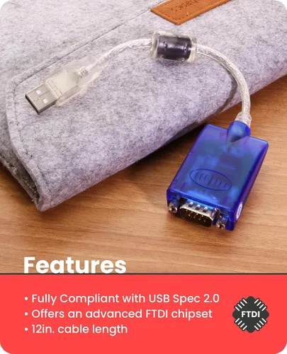 Vista 5 de GearMo Adaptador USB a serie RS232 compatible con Windows 7/8/10/11 con chip FTDI, cable de 12 pulgadas, indicadores LED, protección contra