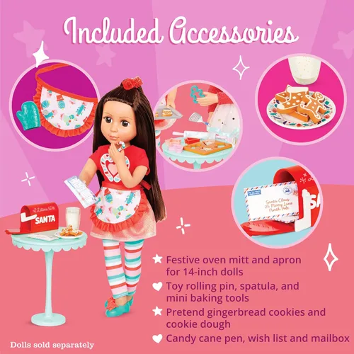 Vista 3 de Glitter Girls Accesorios para muñecas de 14 pulgadas - Juego de galletas navideñas - Juego de 23 piezas para hornear - Delantal, guante de horno