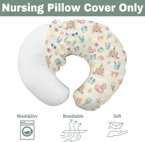 Vista 7 de Fundas de almohada de lactancia para niños y niñas, para verano, playa, helado, arena, flamenco, sol, guardería, almohadas para lactancia materna