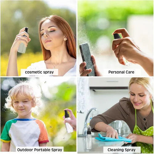 Vista 7 de Roshtia Mini botellas de plástico de 2 onzas con tapa, botellas de spray de niebla fina vacías transparentes, contenedor de líquido recargable